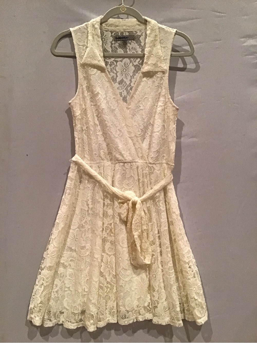 407 bailey blue Ivory Lace Collared Wrap Mini Dress